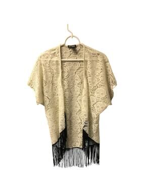 Hot Topic Womens Small Skull And Flower Kimono Cardigan Fringe Trim Sleeveless